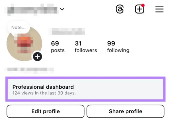 Professional Dashboard برای مشاهده داده ها در اینستاگرام