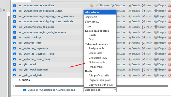 اجرای Optimize Table برای بهینه سازی پایگاه داده ووکامرس