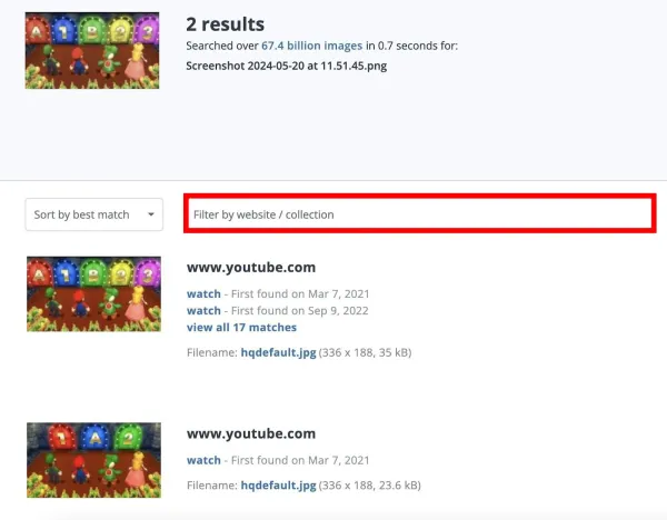 فیلتر نتایج جستجوی معکوس ویدیو در TinEye