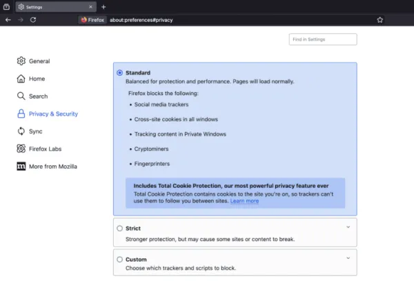 مسدود شدن کوکی در Firefox